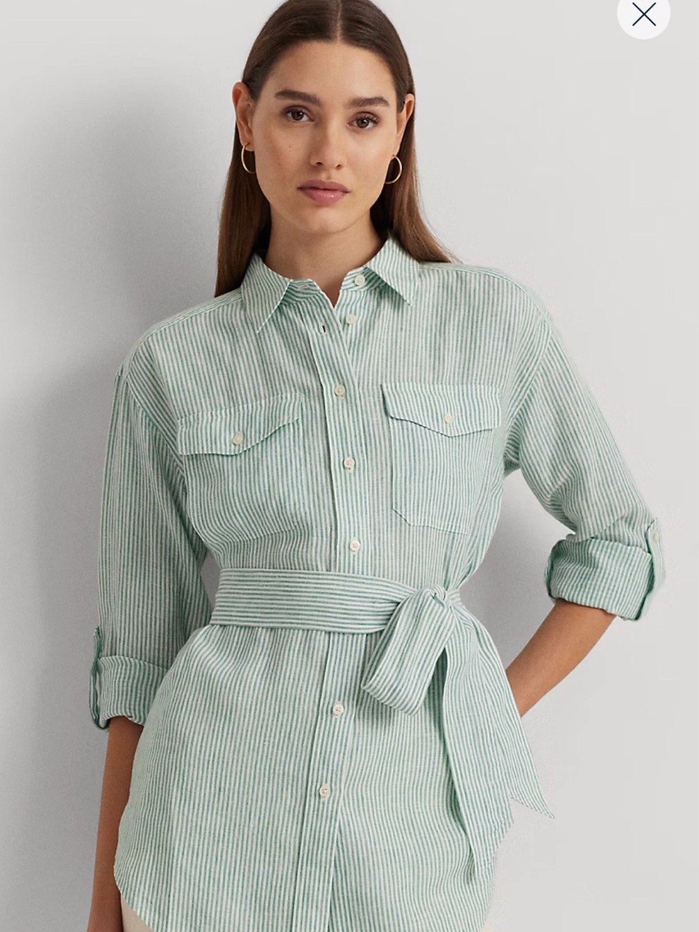 Lauren Ralph Lauren Striped Linen Roll-Tab-Sleeve Shirt Green & White Large